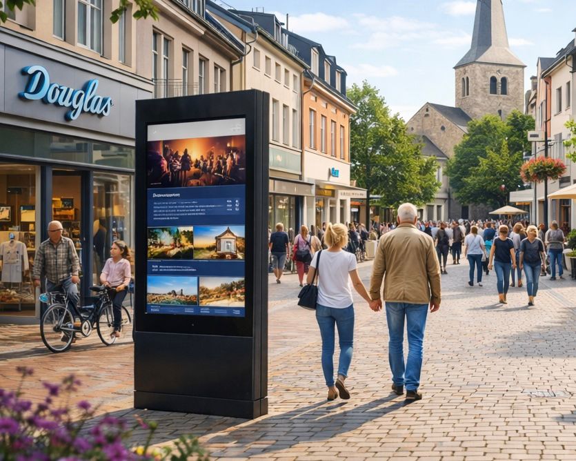 KI Generiertes Bild der Mittelstra�e mit einer digitalen Infotafel.